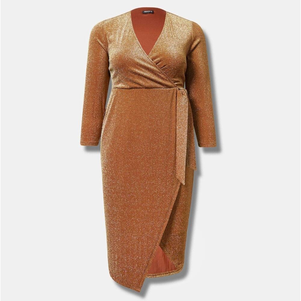 Torrid Women's Midi Glitter Knit Surplice Slit Tie Dress Gold Size 3X - Picture 10 of 10